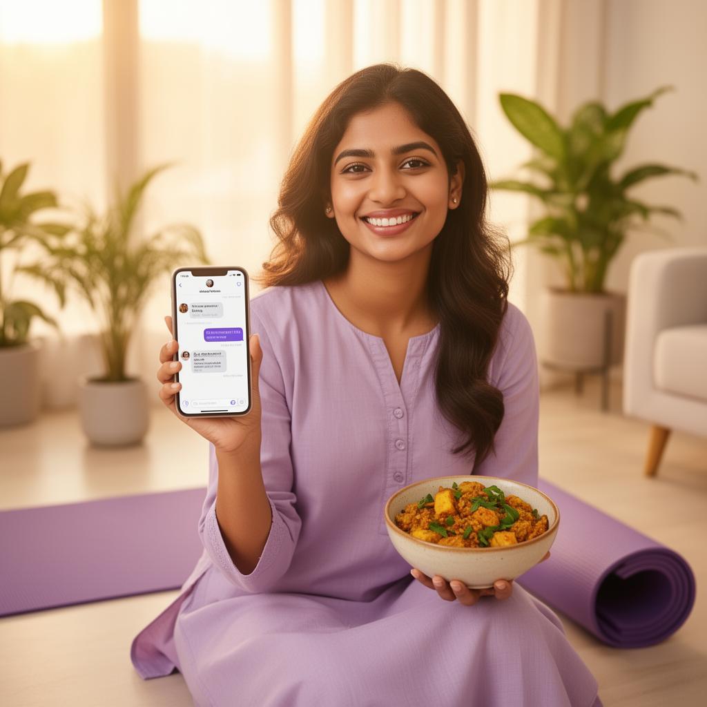 Indian woman with PCOS using WhatsApp wellness program